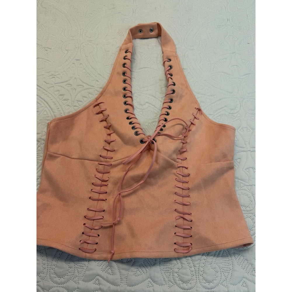 KZN Peach Faux Suede‎ Lace Up Halter Top Corset Style Pink Size M NWT,